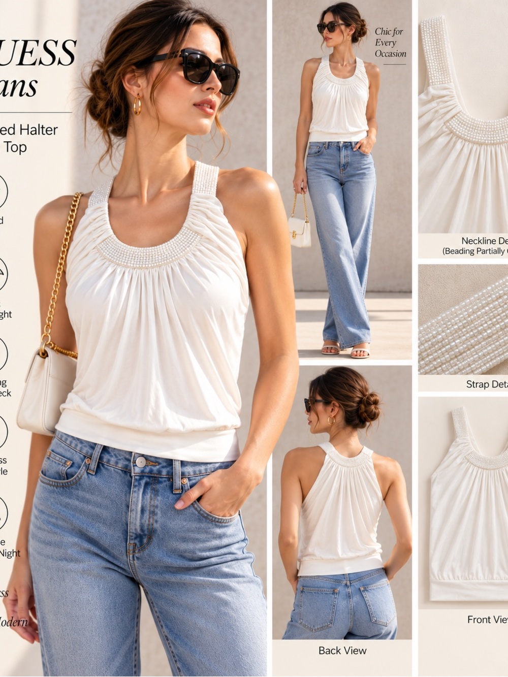 GUESS Jeans White Beaded Halter Neck Top XS Y2K